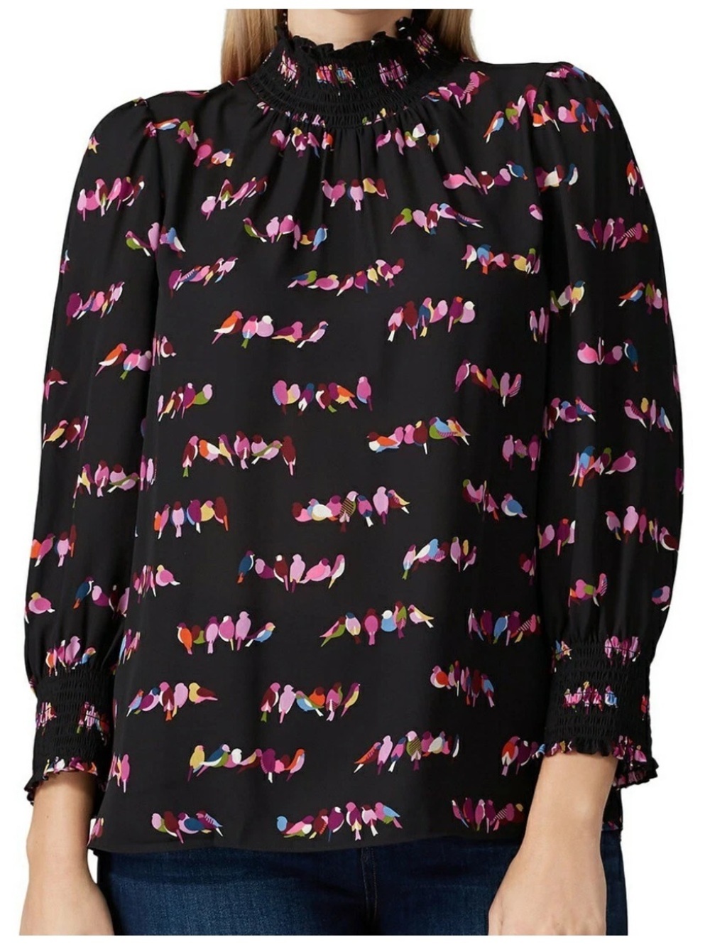 NWOT Kate Spade Black Smocked-Neck Blouse and Cuffs Multicolor LoveBirds Print